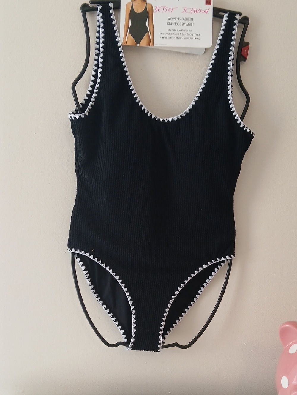 Betsey Johnson Black One-Piece Swimsuit with White Scallop Trim